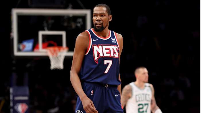 Apr 25, 2022; Brooklyn, New York, USA; Brooklyn Nets forward Kevin Durant (7) reacts during the fourth quarter of game four of the first round of the 2022 NBA playoffs against the Boston Celtics at Barclays Center. The Celtics defeated the Nets 116-112 to win the best of seven series 4-0. Mandatory Credit: Brad Penner-USA TODAY Sports